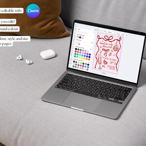May include: A laptop screen shows a design template with the text "Besties who Brunch" in red. The screen displays a pink background with editable elements. The laptop is on a grey surface with a brown cushion and white earbuds.