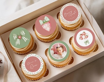 Berry First Birthday, 1st Birthday Cupcake Toppers, Berry 1st Birthday Party Decor, Editable Canva Template