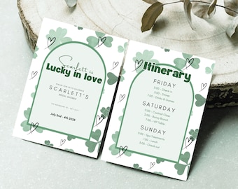 Zaproszenie na wieczór panieński Lucky in Love i plan | Szablon weekendowego pakietu Shamrock Hen Party | Wydrukowalne i edytowalne zaproszenie na wieczór panieński