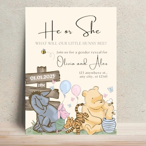 Winnie the Pooh Gender Reveal Invite, Little Hunny Bee Invite, He or She, Editable Honey Gender Reveal Template, Digital Download