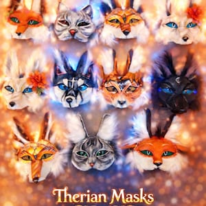 May include: A collection of twelve intricately designed animal masks, including foxes, cats, and wolves, with detailed fur and expressive eyes. The masks are arranged in rows, with the text "Therian Masks" at the bottom.
