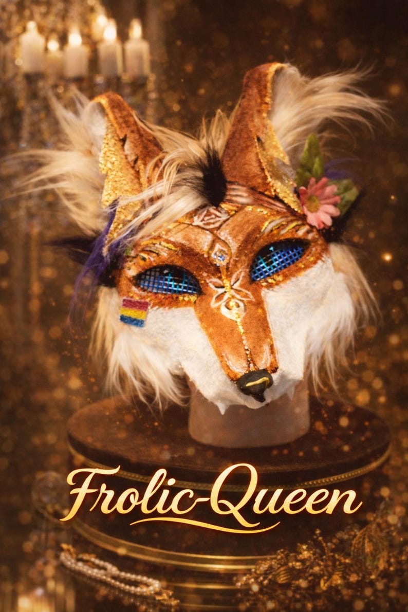 May include: A detailed fox mask with brown, gold, and white fur, adorned with blue eyes and floral accents. The mask features a rainbow flag and the text "Frolic-Queen" in gold script, displayed on a decorative stand.