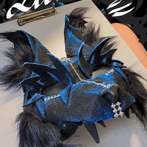 meet Luna, a Therian mask, mythical dragon coyote wolf mask black and blue keepsake exquisite