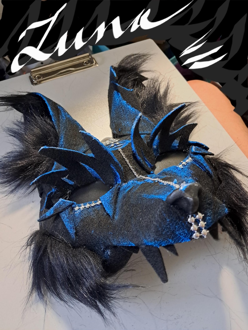 meet Luna, a Therian mask, mythical dragon coyote wolf mask black and blue keepsake exquisite