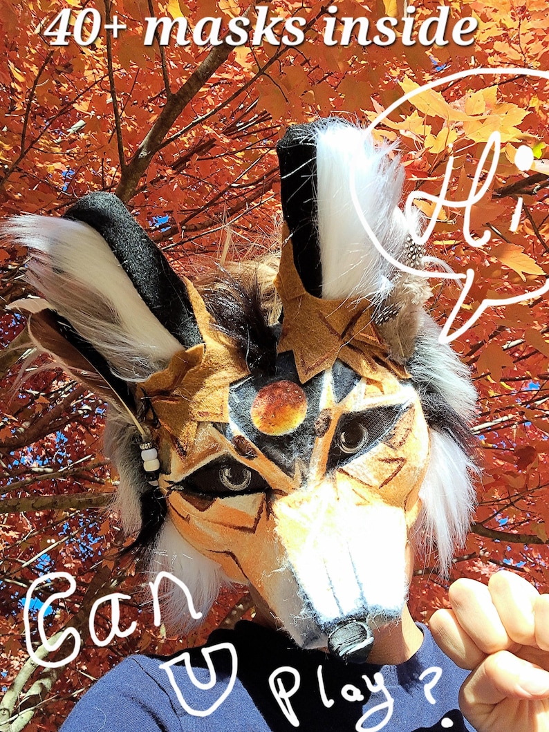 welcome this is lunar Forest. Lunar is the type of moon the center of his forehead. it has beautifully blended yellow, orange, and reds. This glowing moon holds the spirit of the coyote who can be found out in the wild beneath the full moon. You can see his designs are similar to the original Forest but his eyes set him apart as well. They are a black tightly woven eye mesh with realistic silver pupils. He has the same bark like ear tuffs, fluffy fur, and wood like patterns on his famous face.
