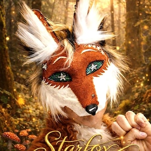 May include: A fox mask with a brown and white fur design, green eyes, and the word "Starfox" in gold script. The mask has a black nose and is set against a forest backdrop with golden light.