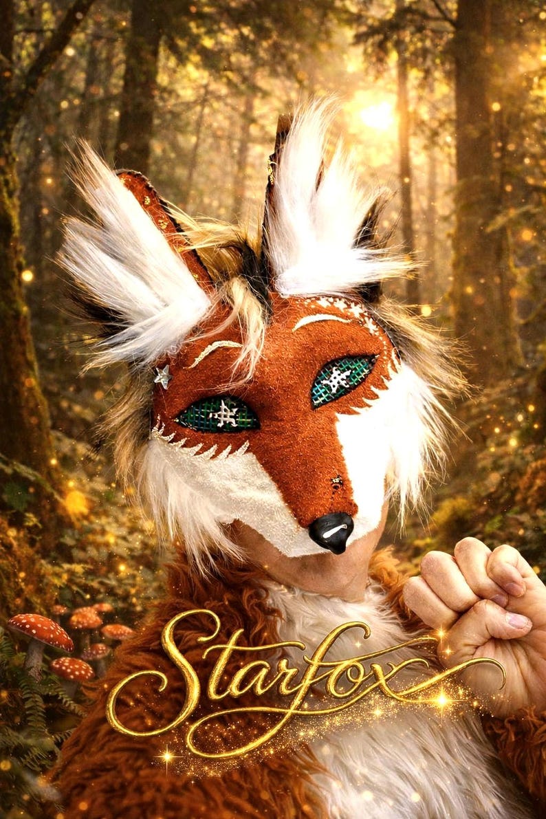 May include: A fox mask with a brown and white fur design, green eyes, and the word "Starfox" in gold script. The mask has a black nose and is set against a forest backdrop with golden light.