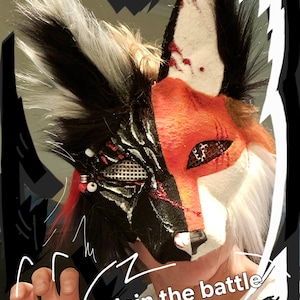 therian fox mask cross-fox red fox half black half scars blood blind eye