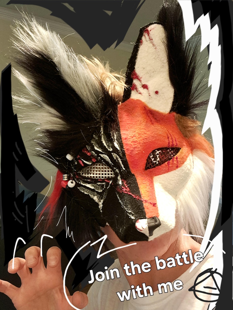therian fox mask cross-fox red fox half black half scars blood blind eye
