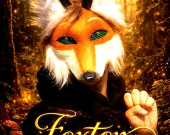 May include: A fox mask with orange, white, and black fur, green eyes, and black ears. The word "Foxton" is written in gold script. The background is a blurred forest scene with golden light.