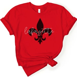 Bella + Canvas Lafayette Louisiana Fleur de Lis Shirt, Red and Black Lafayette Football Game Day Shirt,