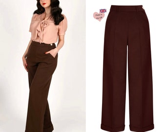 Pantalones anchos de cintura alta de los años 30 y 40 en marrón