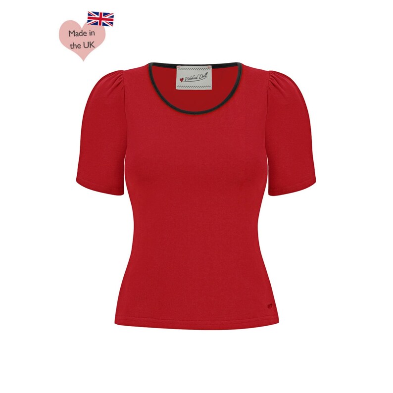 Vintage Style Round Neck Jersey Top in Red image 2