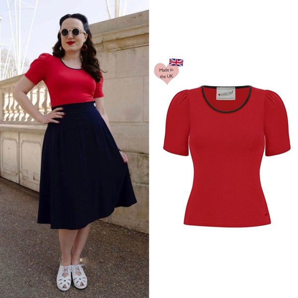 Vintage Style Round Neck Jersey Top in Red