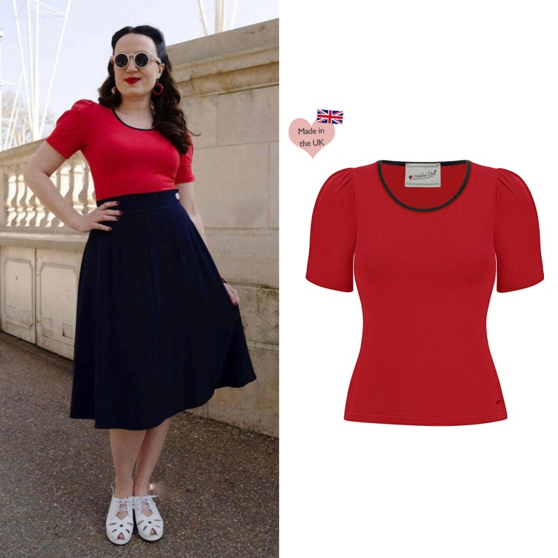 Vintage Style Round Neck Jersey Top in Red image 1