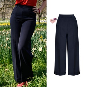 1930er und 40er Jahre Klassische Hose mit hoher Taille und weitem Bein in Marineblau