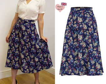 Joan A Line Skirt in Navy Daisy Print