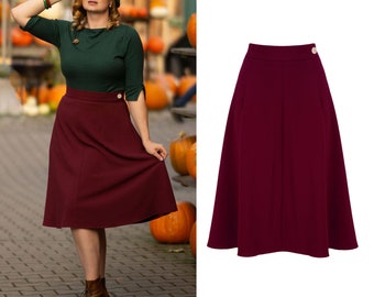 1940s Style A-Line Below Knee Crepe Skirt in Burgundy