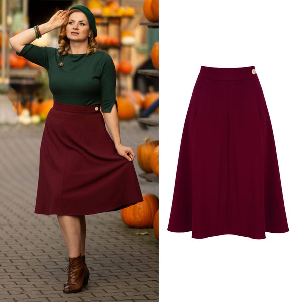 1940s Style A-Line Below Knee Crepe Skirt in Burgundy