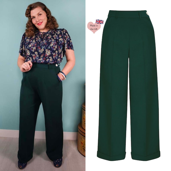 1930s and 40S Classic High Waist Wide Leg Trousers In Bottle Green