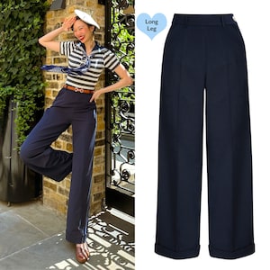 Long Tall 1930s and 40S Style Classic High Waist Wide Leg Trousers in Navy