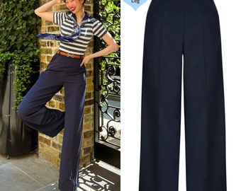 Long Tall 1930s and 40S Style Classic High Waist Wide Leg Trousers in Navy