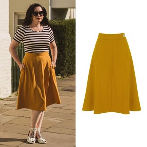 1940s Style A-Line Below Knee Crepe Skirt in Mustard