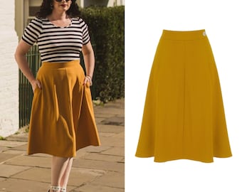 1940s Style A-Line Below Knee Crepe Skirt in Mustard