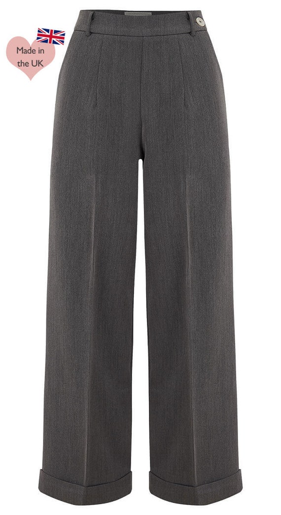 1930s and 40s Classic High Waist Wide Leg Trousers in Grey