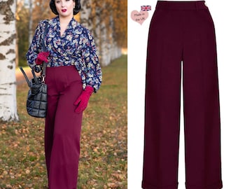 1930s and 40s Classic High Waist Wide Leg Trousers in Burgundy
