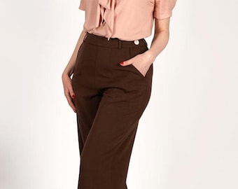 1930s and 40s Classic High Waist Wide Leg Trousers in Brown