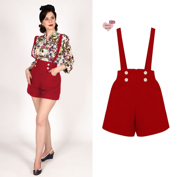 1930 / 40s Style Detachable Brace Sailor Style High Waisted Shorts in Red