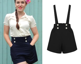 1930 / 40s Style Detachable Brace Sailor Style High Waisted Shorts in Navy