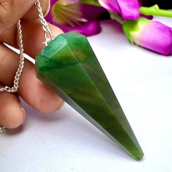 Dark Green Jade Stone Faceted Cone Pendulum Gemstone Dowsing Pendulum Chain Attached Reiki Crystal Healing