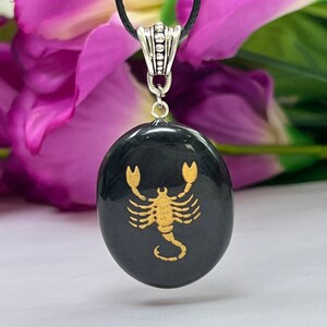 Scorpio Zodiac Sign Engraved On Black Black Tourmaline Stone Pendant With Black Cord Gift For All