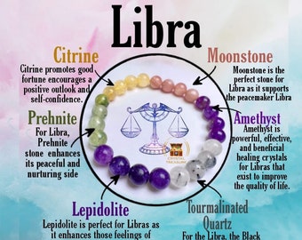 LIBRA Zodiac Sign Crystal Stone Bracelet 8 mm Amethyst , Citrine , Tourmalinated Quartz , Prehnite , Lepidolite , Moonstone