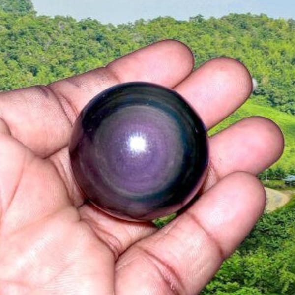 Sphères de pierre d'obsidienne arc-en-ciel 35 mm, boule de cristal, orbe de poche, espace de méditation, grille de cristal avec support en bois