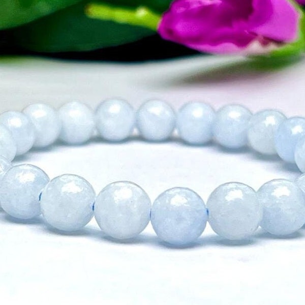 Bracelet de perles rondes en pierre de calcite bleue Bracelet extensible de 8 mm