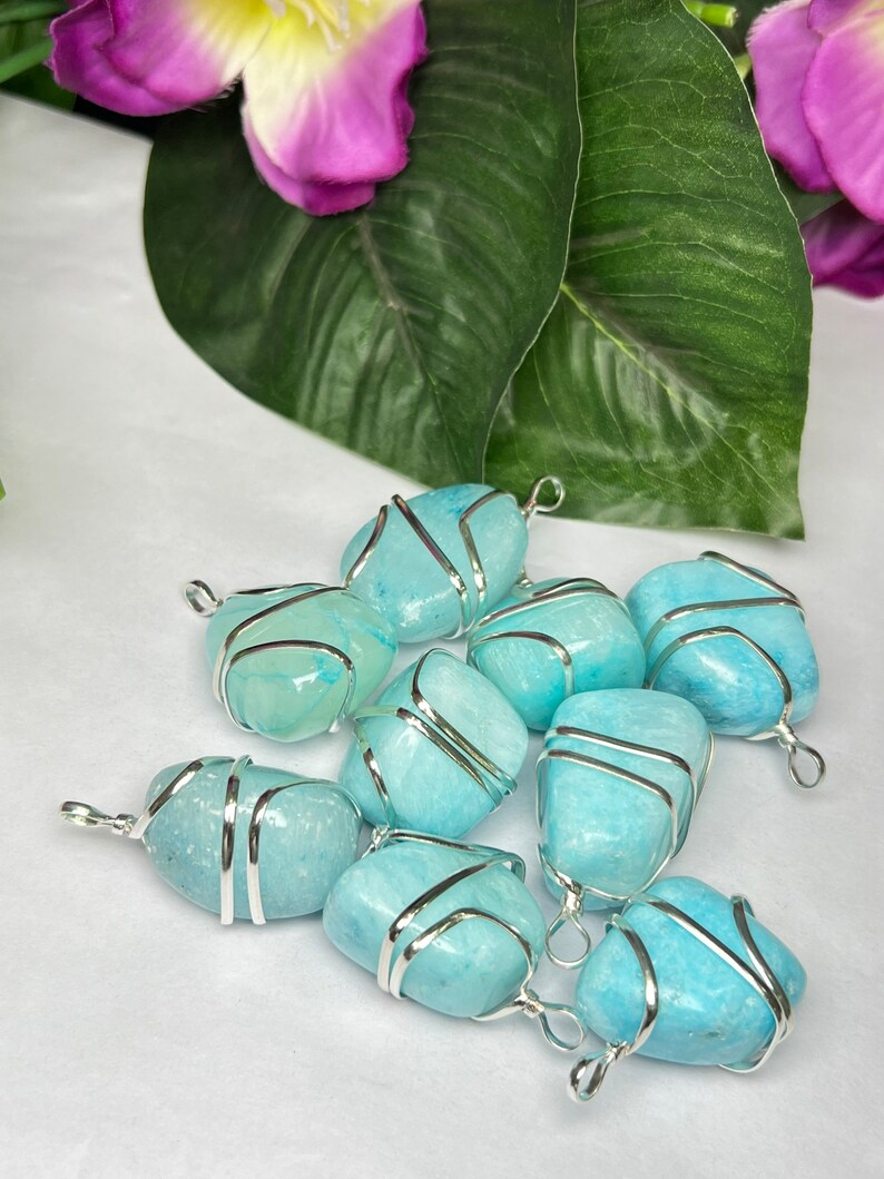 Wire Wrapped Blue Aragonite Tumbled Stone Pendant Crystal Pendant, Tumbled Stone Necklace image 3