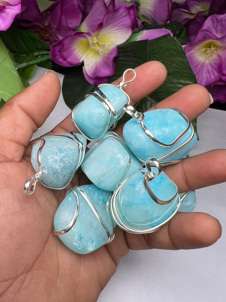 Wire Wrapped Blue Aragonite Tumbled Stone Pendant Crystal Pendant, Tumbled Stone Necklace image 8