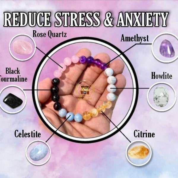 Reduce Stress And Anxiety Stone Bracelet 8 MM- Celestite-Amethyst-Howlite-Rose Quartz-Black Tourmaline - Citrine Stretch Bracelet