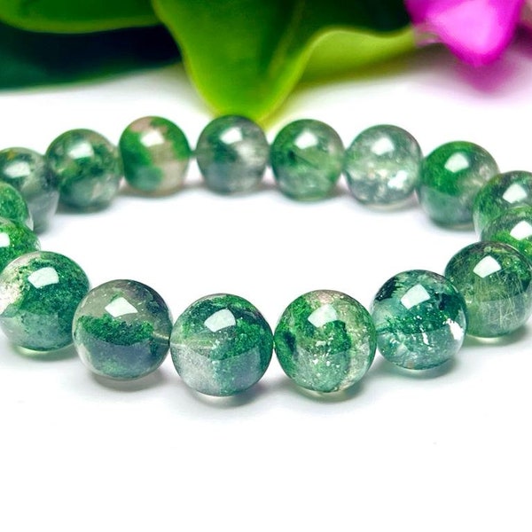 Pulsera de cuentas de cuarzo fantasma verde genuino natural de alta calidad de 12 mm, pulsera curativa, regalo para hombres y mujeres