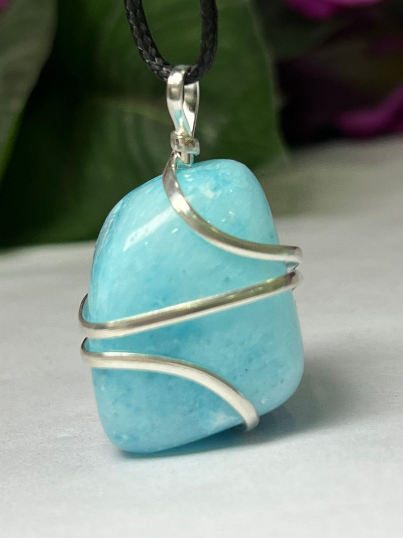 Wire Wrapped Blue Aragonite Tumbled Stone Pendant Crystal Pendant, Tumbled Stone Necklace image 7