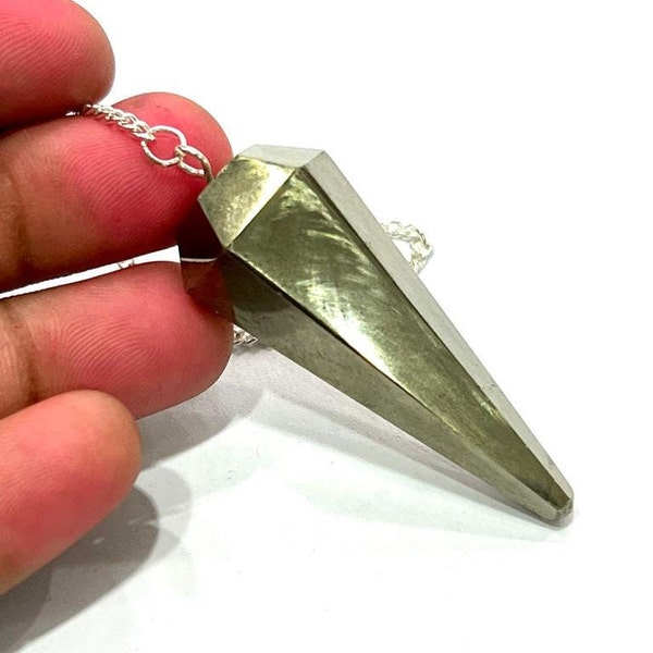 Golden Peru Pyrite Stone Faceted Cone Pendulum Gemstone Dowsing Pendulum Chain Attached Reiki Crystal Healing