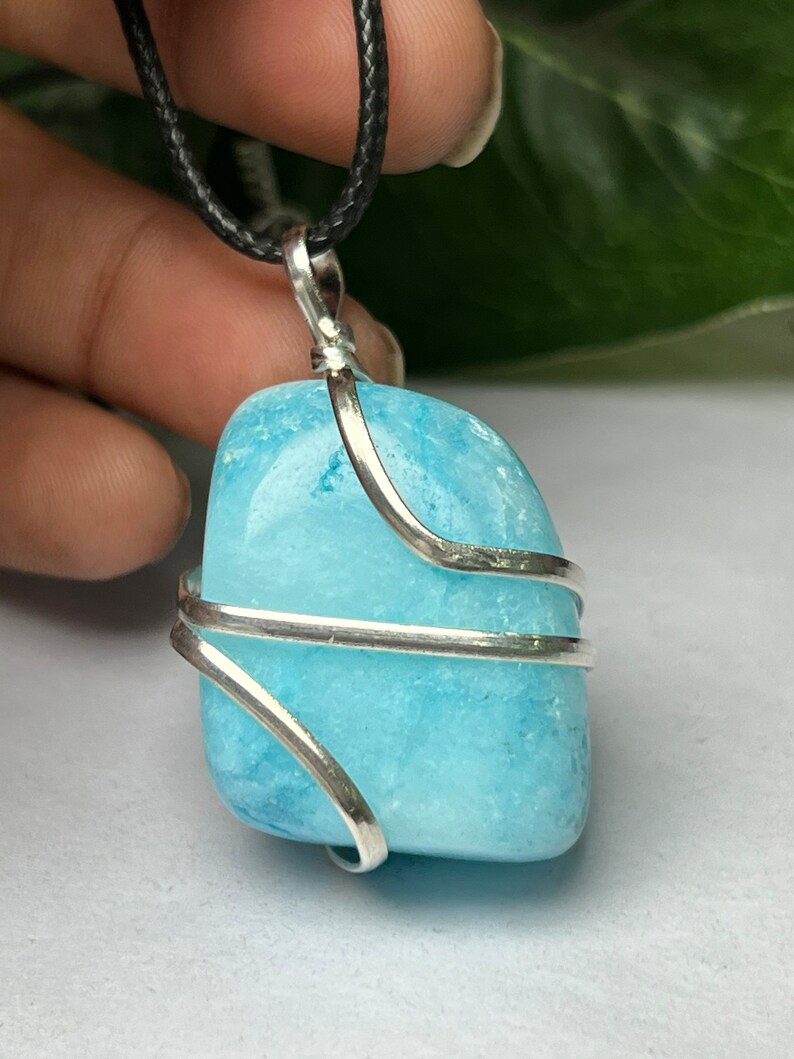 Wire Wrapped Blue Aragonite Tumbled Stone Pendant Crystal Pendant, Tumbled Stone Necklace image 6