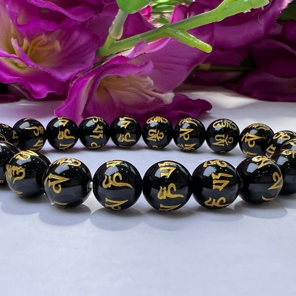 Om Mani Padme Hum Black Obsidian Stone Tibetan Round Beaded Bracelet 6 MM 8 MM 10 MM Stretch Bracelet