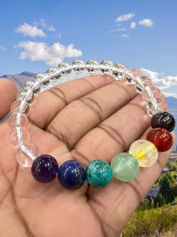 Himalayan Clear Crystal Quartz with 7 Chakra Healing Bracelet Round Beaded 8mm Bracelet Stretch Bracelet