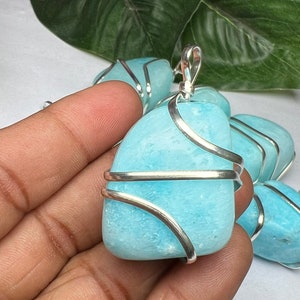 Wire Wrapped Blue Aragonite Tumbled Stone Pendant Crystal Pendant, Tumbled Stone Necklace image 5