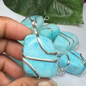 Wire Wrapped Blue Aragonite Tumbled Stone Pendant Crystal Pendant, Tumbled Stone Necklace image 9