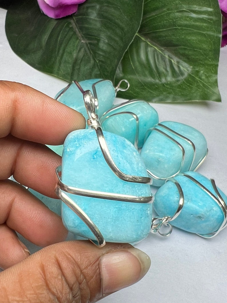 Wire Wrapped Blue Aragonite Tumbled Stone Pendant Crystal Pendant, Tumbled Stone Necklace image 9